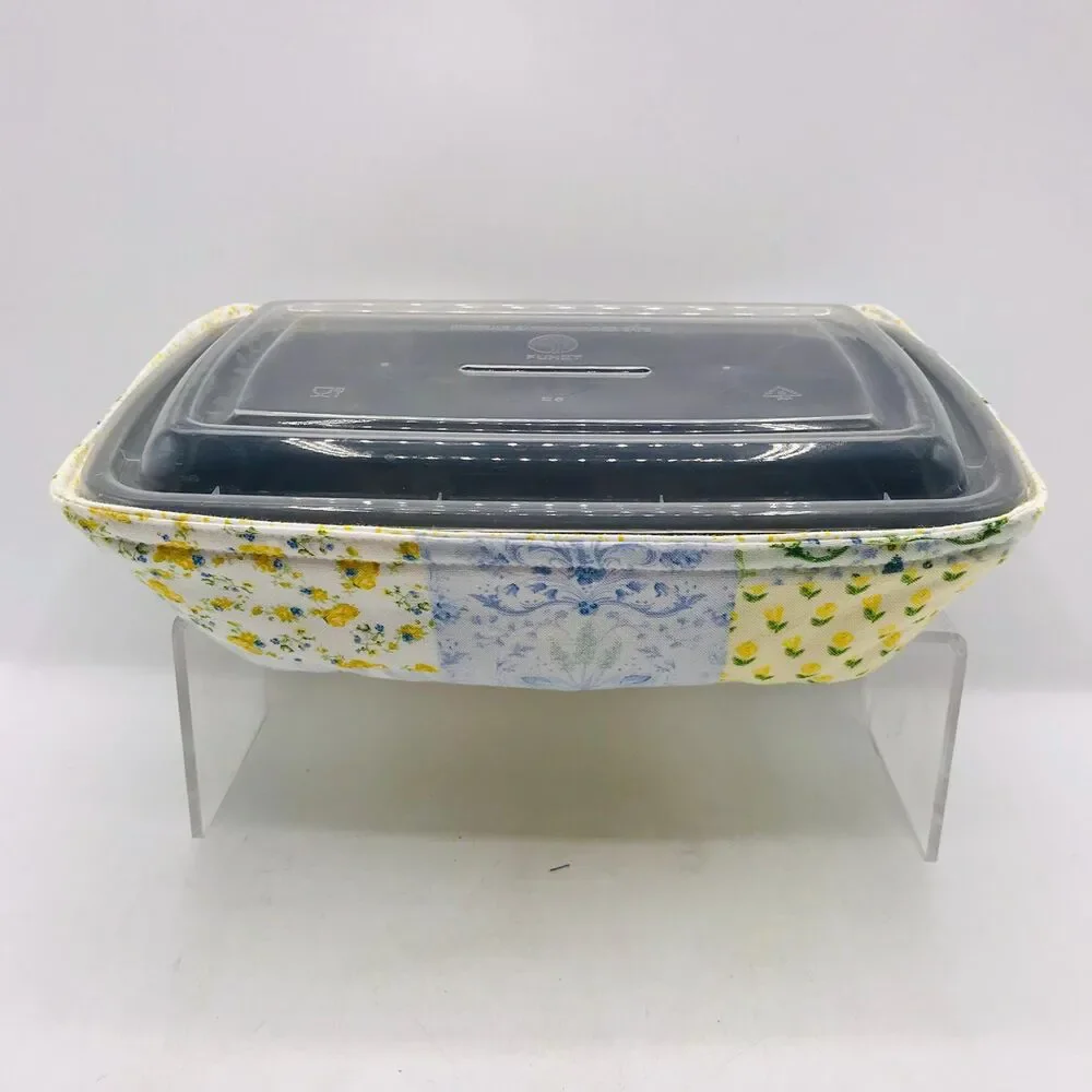 Reversible Microwave Cozie For Takeout Containers Cottage Patchwork Yellow Blue